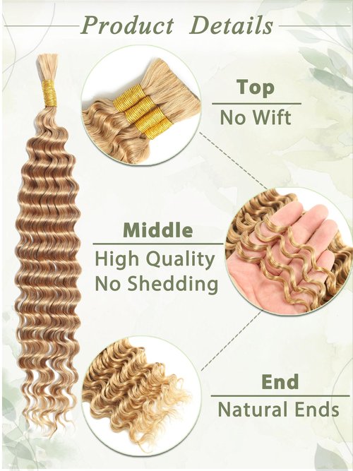 KULYMUWIG Blonde Human Braiding Hair for Boho Braids Deep Wave 18 Inch 100 g 4 Bundles Bulk Human Hair for Braiding No Weft 10A Curly Human Hair Extensions Wet and Wavy Color 27