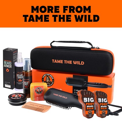 TAME THE WILD MAKE YOUR BEARD BEHAVE Beard Straightener for Men Kit - Includes Portable Heated Beard Brush, Beard Soap, Pearwood Comb, & Storage Case