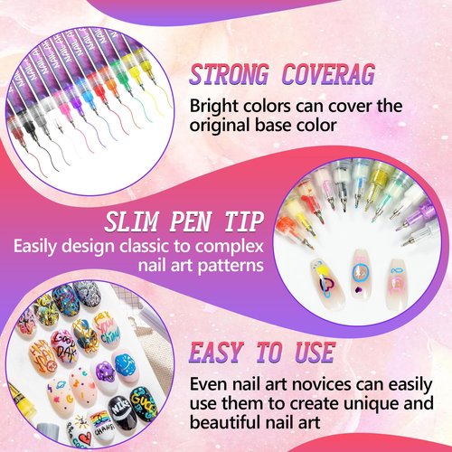 12 Color Nail Art Pens Set,Nail Art Markers Polish Pen,3D Quick-Dry Nail Polish Pens,Drawing Painting Liner Brush for Graffiti Dotting Drawing Painting Point Liner DIY