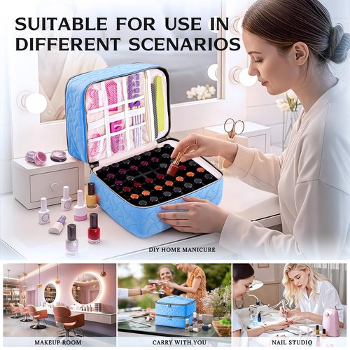 DreamGenius Nail Polish Organizer Case Holds 42 Bottles, Portable Double-Layer Nail Polish Storage Bag with Adjustable Dividers for Manicure Tools, Light Blue