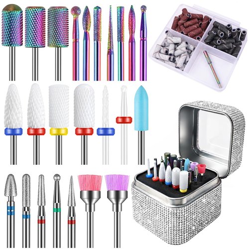 100Pcs Nail Drill Bits Set with Storage Box – 25Pcs Tungsten Carbide & Ceramic & Cuticle Professional Bits + 75Pcs Small Sanding Bands (80/120/180 Grit) Manicure & Pedicure Tools Kit Gift for Women