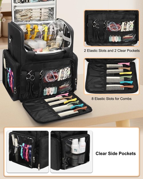 Relavel Hair Tools Travel Bag Hairstylist Traveling Bag, Cosmetic Case with 4 Clear Pouches, Portable Hairstylist Storage Organizer Case for Hair Stylist Essentials, with Adjustable Dividers