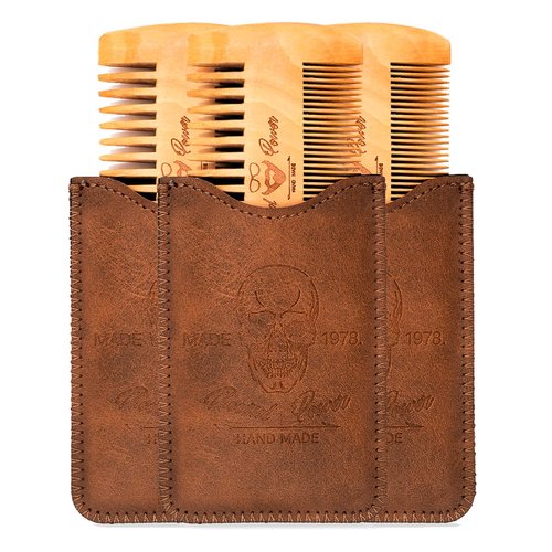 Menesia Wooden Beard Combs with Cases - Fine & Coarse Teeth, Pocket Comb for Beards, Mustaches & Hair, Brown Skull Design