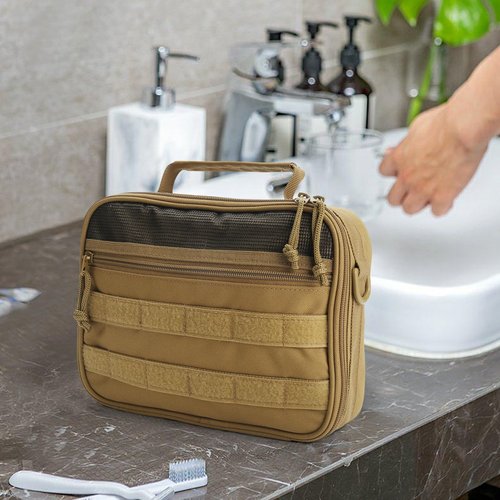 HJOKLS Tactical Toiletry Bag for Men, Travel Hanging Toiletry Bags, Toiletries Organizer Dopp Kit, Travel Cosmetic Bag,Shaving Hygiene Bag, Bathroom Essentials Men's Toiletry Bag for Camping - Khaki