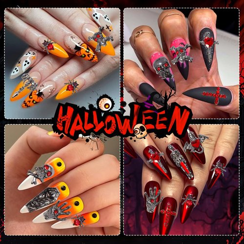 Halloween Nail Charms and Gems, Mixed Cross Spider Skull Hands Tombstone Dark Ghost Alloy Punk Halloween Charms for Nails, Black Red Gems Rhinestones for Acrylic Nail Art DIY Supplies
