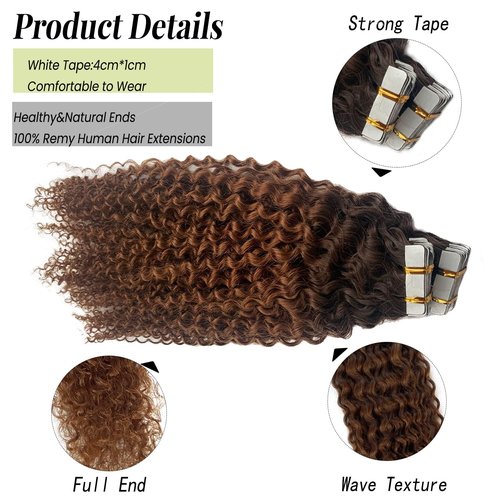 Curly Tape in Human Hair Extensions Ombre Brown to Medium Auburn Jerry Curly Hair Extensions Tape ins Extensions 18 Inch Double Sided Glue in Remy Hair 20pcs 50g for Women