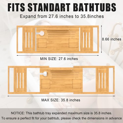 Bathtub Tray Caddy,Premium Bamboo Expandable Bath Tub Trays Table, Foldable Bathroom Accessories,Great House Warming, Anniversary and Birthday Gifts,Natural