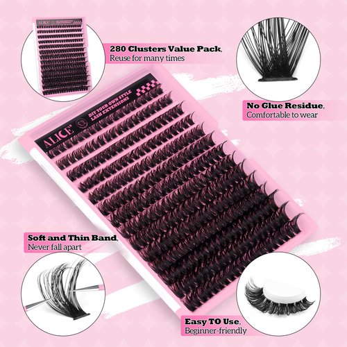 280Pcs Wispy Individual Lashes DIY Eyelash Extensions 8-16MM D-Curly Lash Extensions Lash Clusters 80D Cluster Eyelashes DIY at Home by ALICE