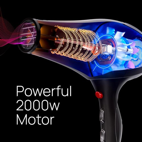 TREZORO Professional Hair Dryer - 2000W Ionic Ceramic Tourmaline Technology | Fast, Quiet Drying with 3 Heat & 2 Speed Settings, Black