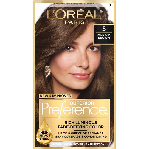 L'Oreal Paris Hair Color - Superior Preference Luminous Fade-Defying Dye, Medium Brown 5, 9 Weeks of Radiance
