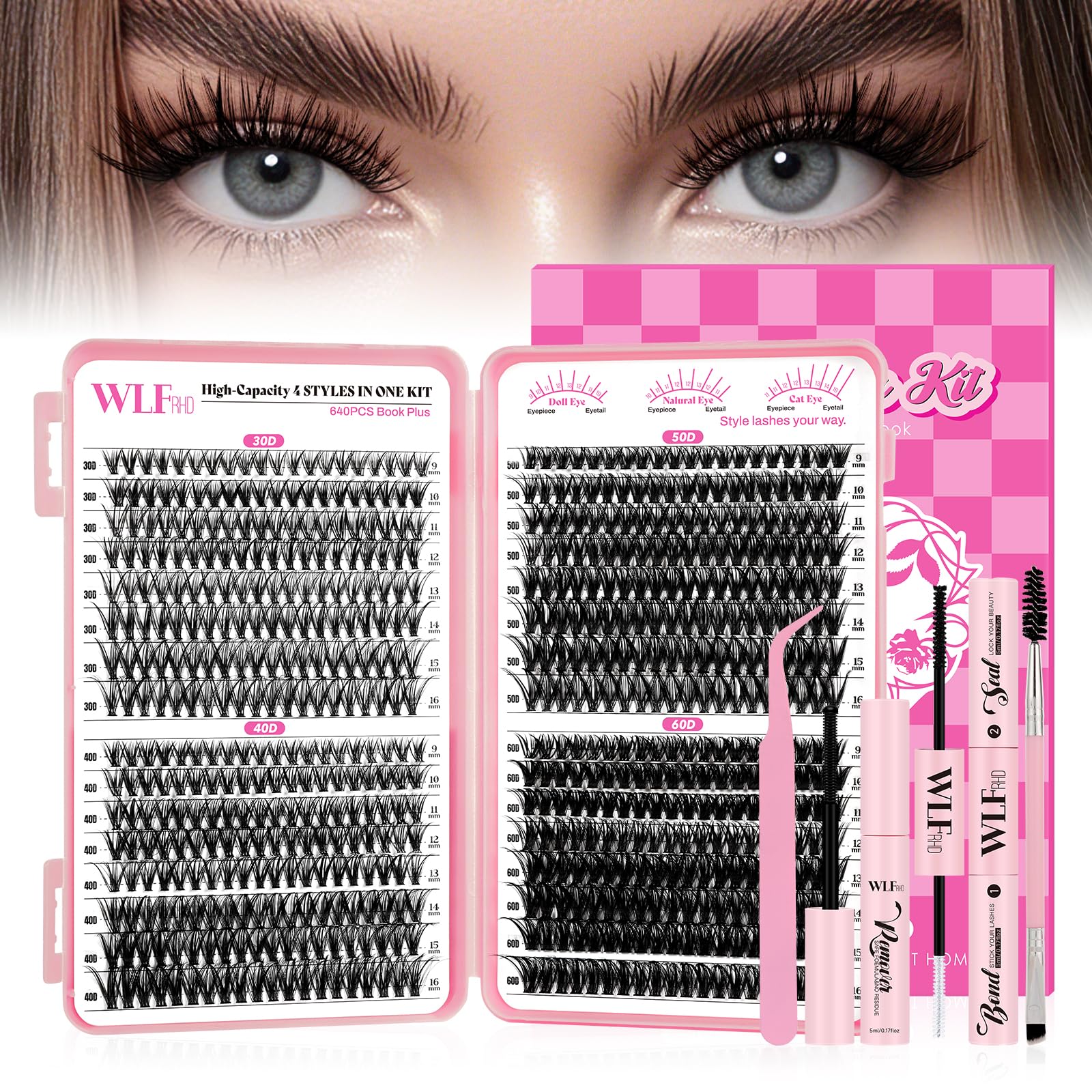 WLF Lash Clusters Kit 640 Pcs Lash Extension Kit Individual Lashes D Curl Clusters Eyelashes Extensions Kit with Lash Book Eyelash Bond and Seal Remover Tweezers Brush(Mix 9-16mm,30D+40D+50D+60D Kit)