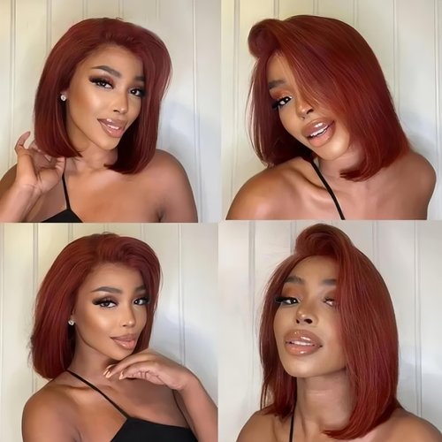 RQY Reddish Brown Bob Wig Human Hair 13x4 Reddish Brown Lace Front Wigs Human Hair Bob Pre Plucked 180% Density Short Straight Lace Front Wigs（33# bob Wig 8inch）