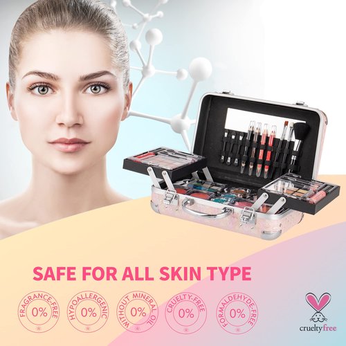 Hot Sugar All In One Makeup Set for Teenager Girls, Full Makeup Kit for Beginners Includes Eye Shadow Palette Blush Lip Gloss Lipstick Lip Pencil Eye Pencil Brush Mirror (Pink Heart)