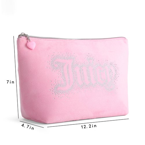 Juicy Couture Pink Makeup Bag Cosmetics Organizer Travel Essentials Top Zip Pouch Rhinestone Velour