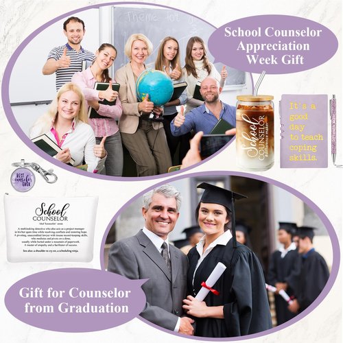 Sunnychicc 5 Pcs School Counselor Must Have for Women 16oz Glass Cup Makeup Bag Leather Notebook Pen Keychain Thank You Gift for School Counseling Week Guidance Teacher Appreciation(Purple)