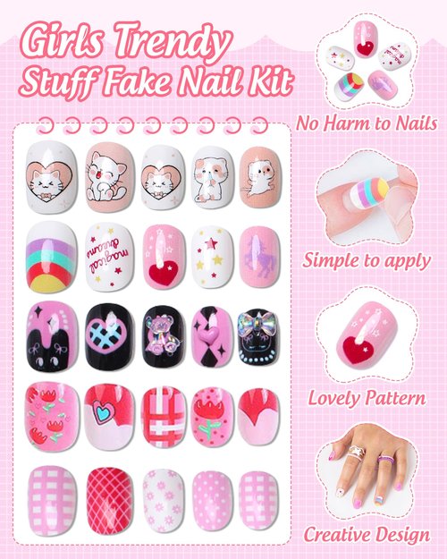 120PCS 5 Pack Press on Nails for Kids,Tweens Girls Soft Fake Nail Kit, Reusable Creative Design Nails, Full Cover Glitter Stick on Nails Girl Nails for Ages 8-12