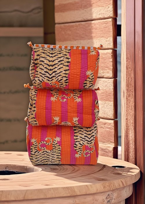 LKGSM RUGS Quilted Cotton Tiger Print Travel Toiletry Bags, Cosmetic Organizer Set, Pink and Orange