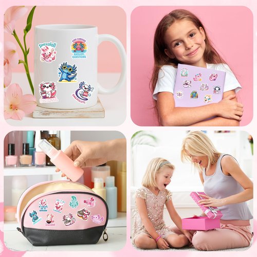 Silkovahamd Axolotl Gifts for Women - Cute Axolotl Necklace, Makeup Bag & 50Pcs Stickers Set - Unique Salamander Themed Present for Girl, Daughter, Axolotl Lover Birthday Christmas Velentine Day