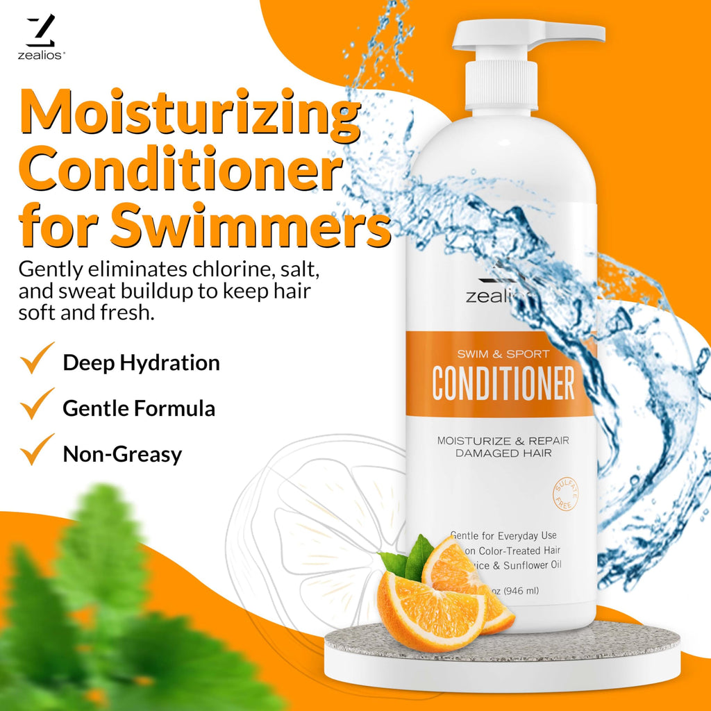 Zealios Swim & Sport Conditioner 32 Oz - Sulfate-Free Moisturizing Hair Conditioner, Hair Treatment for Swimmers & Athletes, Chlorine Removal, Hydrating, Vegan, Protects Color Treated Hair