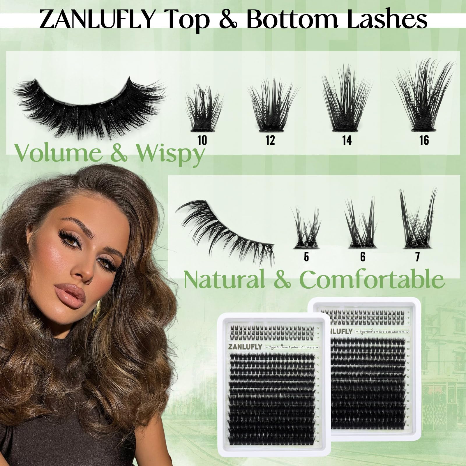 Volume Lash Clusters with 5-7MM Bottom Lashes D-curly Eyelash Clusters Wispy Lash Extension 300Pcs Individual Lashes Thin Band Cluster Eyelash Extension 10-16MM Cluster Lashes DIY at Home by ZANLUFLY