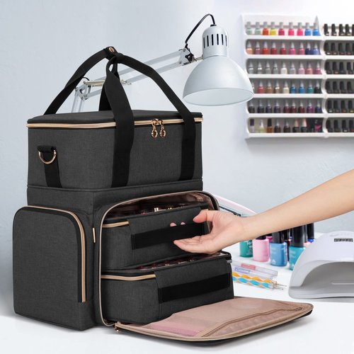 LUXJA Nail Polish Organizer Holds 70 Bottles and a Nail Lamp, Nail Polish Case with 2 Removable Bags and Tools Storage Pockets (Patent Pending), Black