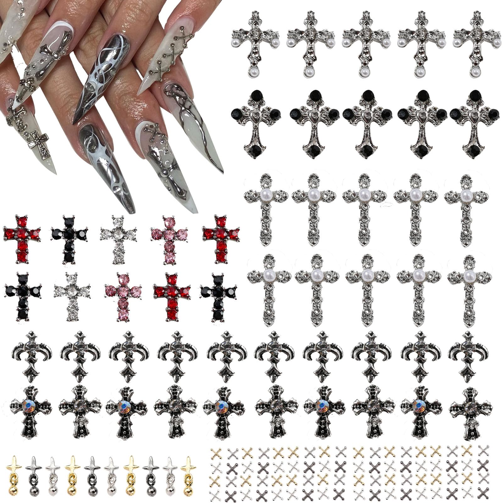 ZUMILLMN 100pcs 3D Cross Nail Charms 8 Styles Metal Nail Art Charms White Gold Silver Gold Black Cross Charms for Nails（100pcs）