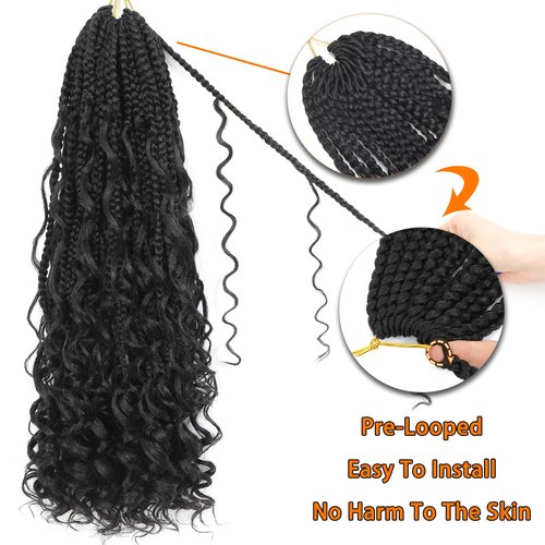 9 Packs Boho Goddess Box Braids Crochet Hair Bohemian Box with Curly Ends Pre-Looped Synthetic Hair Extensions for Black Women(24 Inch,1B)