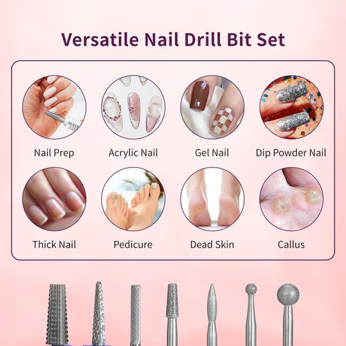 Delanie Professional Nail Drill Bit Set, 7 Pieces with Holder, Carbide and Diamond Bits, Model BS001