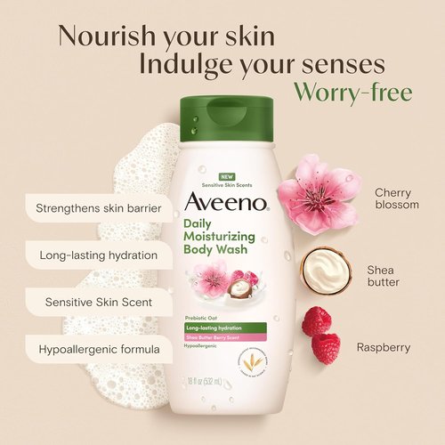 Aveeno Daily Moisturizing Body Wash - Shea Butter Berry Scent | Hydrating & Soothing for Sensitive Skin, 18 fl. oz