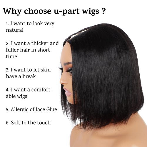 Orientfashion U Part Wig Human Hair 12A Straight Bobo Wig Human Hair Glueless U Part Wig with Clip 180% Density Half Wigs for Women Beginner Friendly No Sew In No Glue (BoB Straight 1B, 8inch)