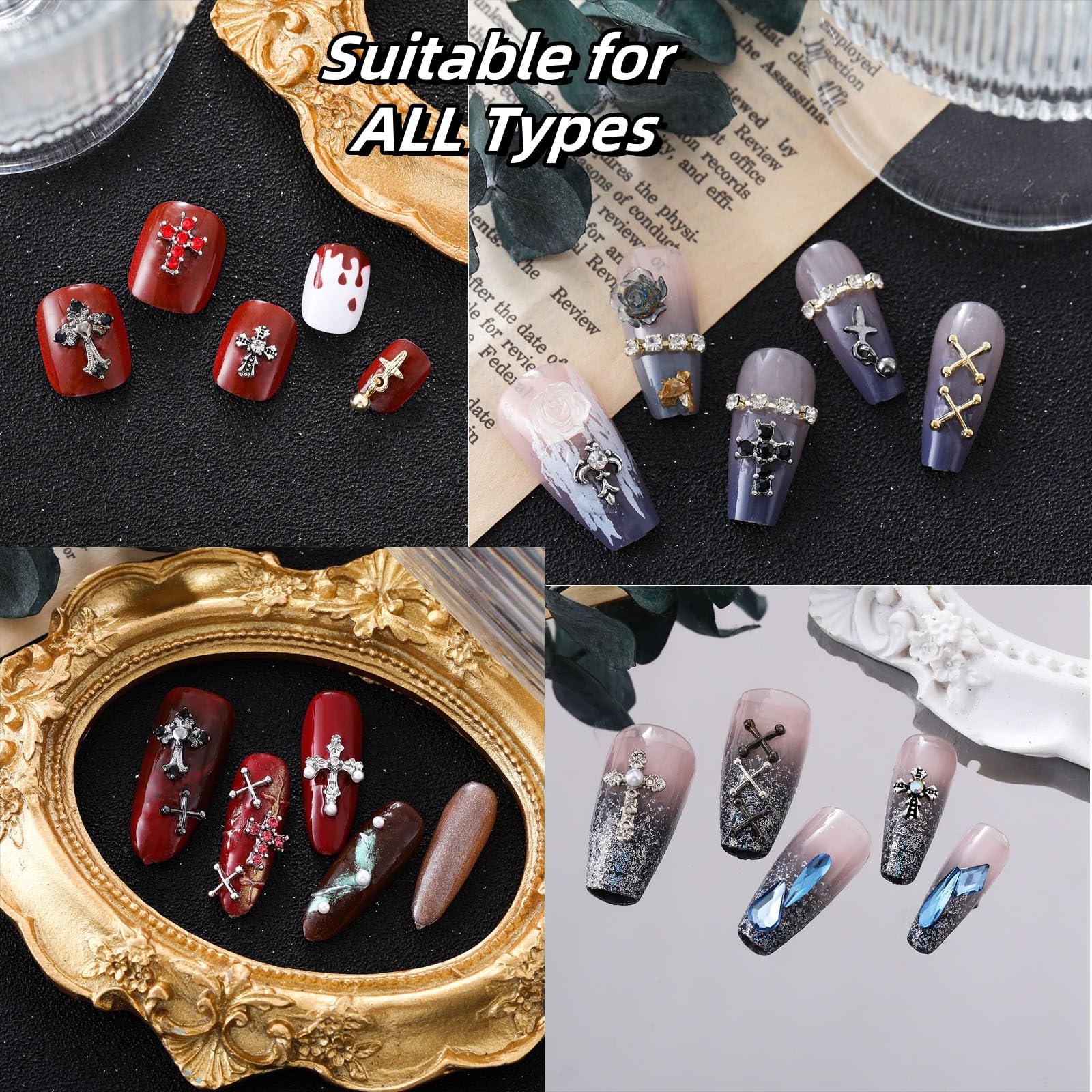 ZUMILLMN 100pcs 3D Cross Nail Charms 8 Styles Metal Nail Art Charms White Gold Silver Gold Black Cross Charms for Nails（100pcs）