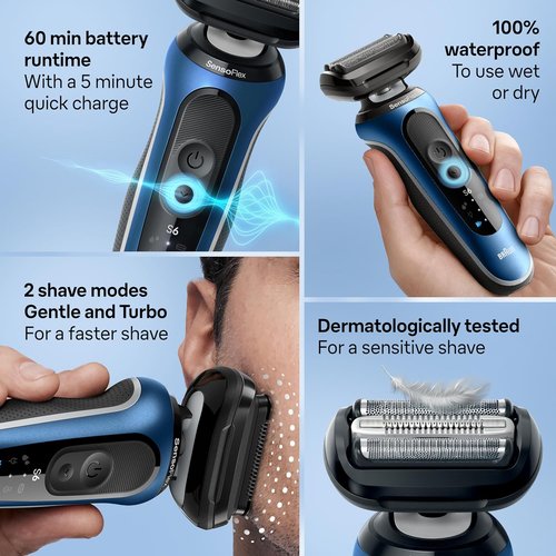 Braun Electric Shaver - Series 6 6177cc | Wet & Dry Shaving, Turbo & Gentle Modes, Blue