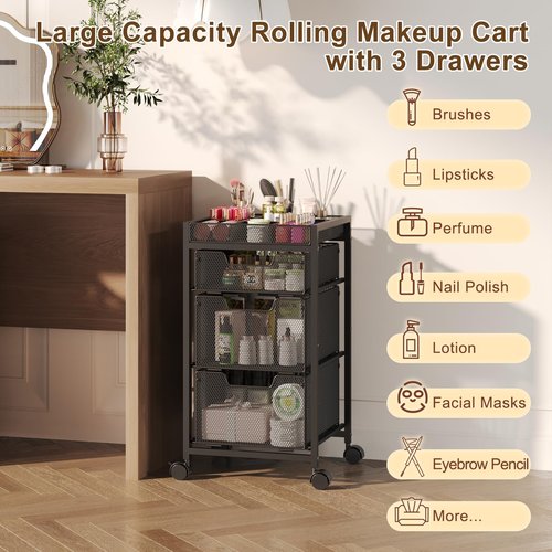 JKsmart Rolling Makeup Cart Organizer with 3 Drawers, Cosmetics Display with Dividers, Floor Skincare Storage with Wheels, Versatile Vanity Organizer for Nail Polish Perfume Brush Hair Tool, Black