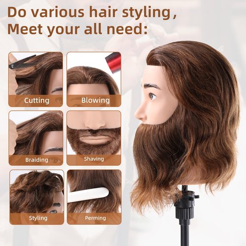 Male Mannequin Head with 100% Human Hair Barber Mannequin Head Hairdresser Training Doll Manikin Head for Men Hair Styling and Practice