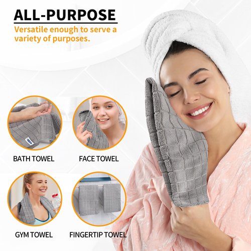 HOMERHYME Microfiber Hand Bath Towels, 6 Pack 25''*15'' Grey Bathroom Hand Towels, All-Purpose Quick Dry Lint Free Soft Absorbent Checkered Washcloth Fingertip Towels Bulk for Travel Gym Hotel