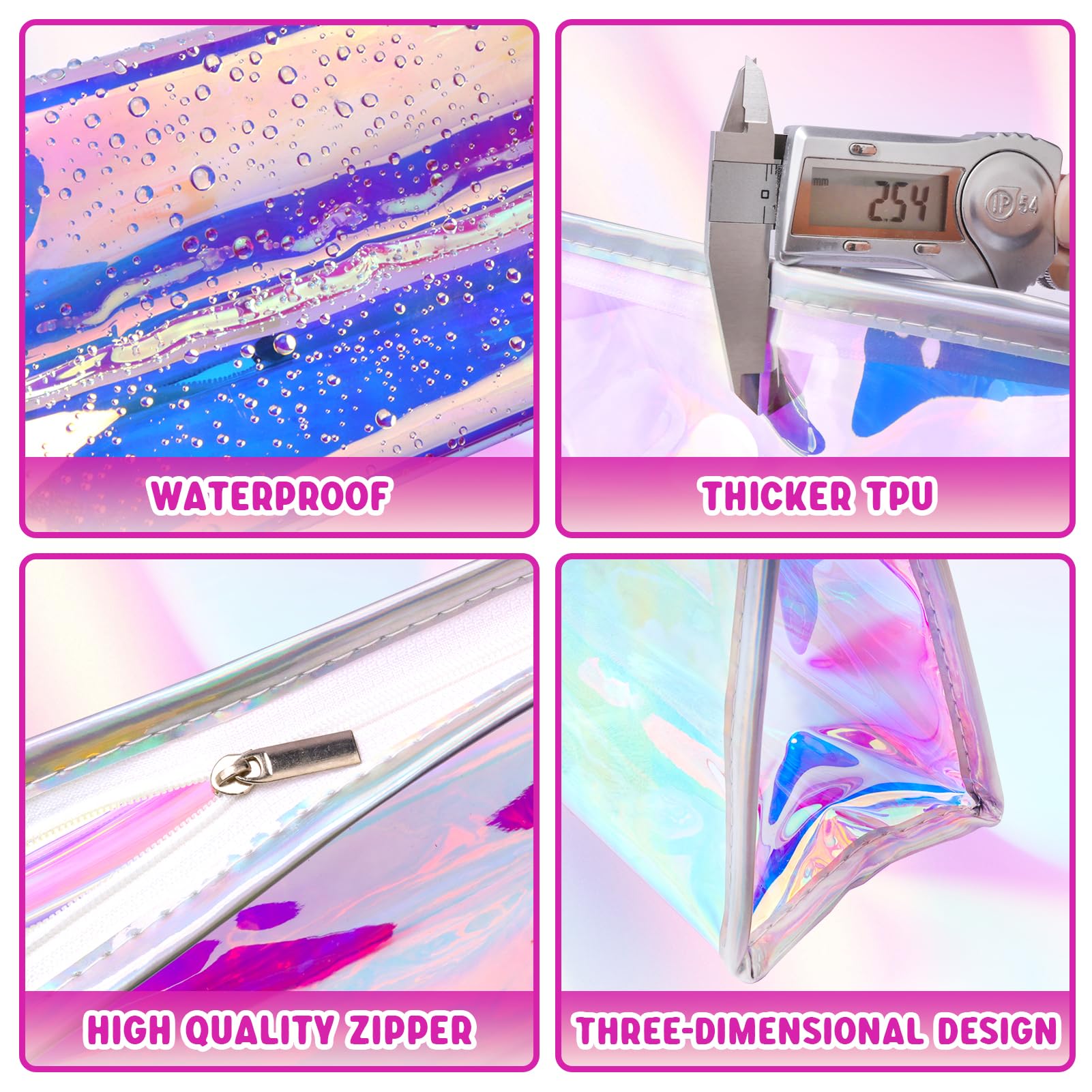 Zwish 2Pack Holographic Makeup Bags Bulk, Iridescent Pouch Portable Zippered Toiletry ， Travel Makeup Brush Holder, Makeup Organizer， Waterproof Cosmetic ， Gift Bags for Women