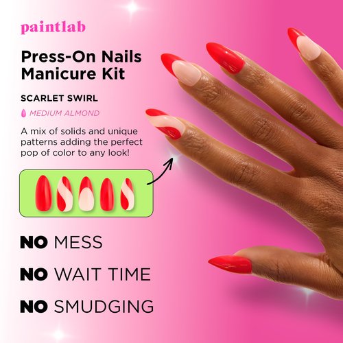 PaintLab Press On Nails Kit for Women – Scarlet Swirl Almond Fake Nails, 30 Nails in 15 Sizes with Glue, Reusable Salon Quality Press On Nails