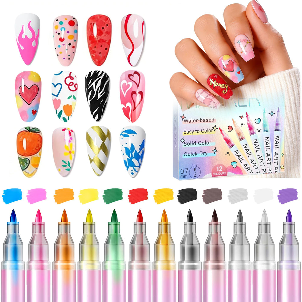 Woobena Nail Art Pens 12 Colors Set, 2026 New 3D Nail Polish Doodle Pens,Quick Dry Women Painting Nail Art Markers for DIY Nail Design, Home & Salon Christmas Gifts