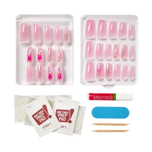 KISS Majestic Press On Nails, Nail glue included, 'Lovely Bubbly', Pink, Long Size, Coffin Shape, Includes 30 Nails, 2g glue, 2 Prep Pads, 2 of 24 Adhesive tabs, 2 manicure sticks, Mini file