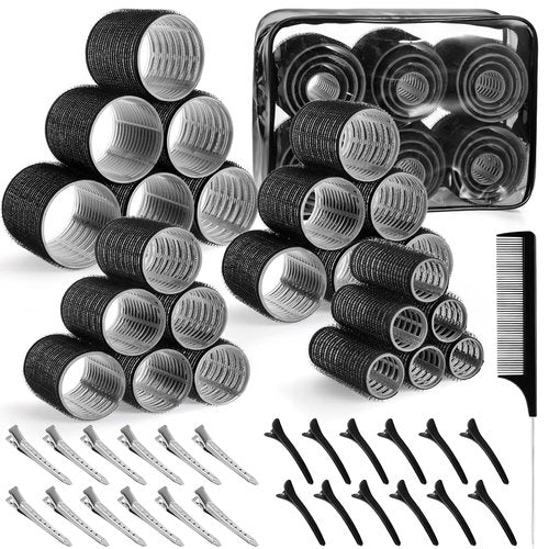 Self-Grip Hair Rollers by [Brand Name] - 50 Pcs Jumbo Curlers for All Hair Types | Includes Clips, Black