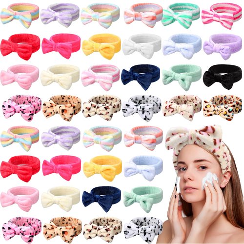 Giegxin 48 Pieces Spa Headband Bulk Bow Hair Band Facial Makeup Headbands Fluffy Plush Headband for Women Girls Washing Face Spa Sleepover Party Supplies(Cute Pattern)