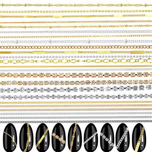 AOZUO 24 Strips Nail Art Chains, DIY Nail Jewelry Charms 3D Nail Chain Decor Gold Silver Metal Punk Pendant Nail Ornaments Line Nail Studs Charm for Women Design Nails Manicure Accessories (Style A+B)