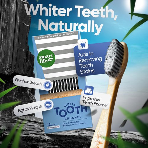 SmartLifeco Charcoal Bamboo Toothbrushes - Extra Soft Natural Bristles for Adults & Kids Teeth | Zero Waste Bulk Wooden Tooth Brush Travel Kit | BPA Free, Eco-Friendly, Vegan - (12 Pack)