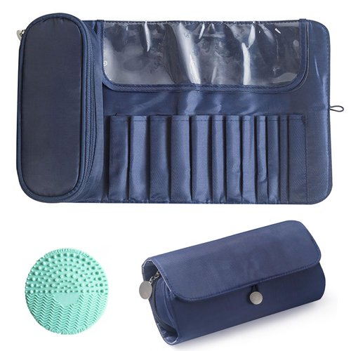 Makeup Brush Bag, Travel Makeup Brush Case Makeup Brush Holder Organizer Cosmetic Bag Portable Roll Up Brush Storage Bag for Makeup Brushes and Cosmetic Essentials (Dark Blue)