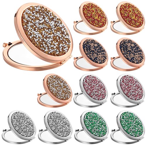 Lemecima 12 Pcs Small Compact Folding Pocket Makeup Mirror - Round Hand Held Mirror with 1X/2X Magnification for Women Girls Travel