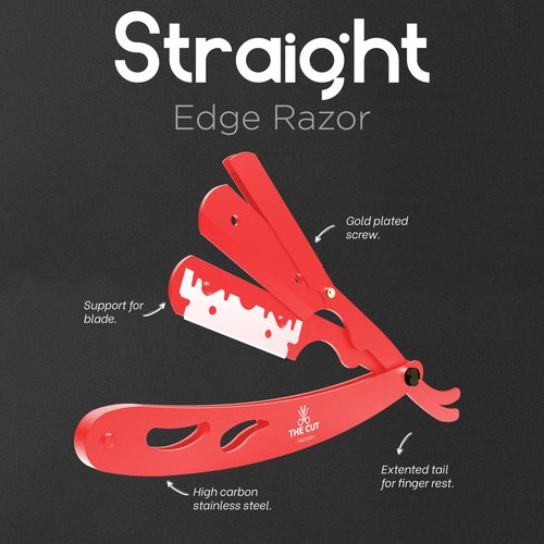 The Cut- Factory- Straight Razor with 20 Pack Platinum Treet Single Blade Razors for Men- Professional Barber Straight Edge Razor for Close Shaving 100 Percent Stainless Steel, Red