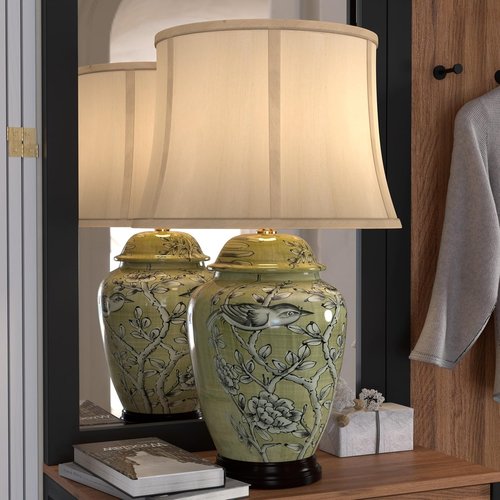 Red Lantern 25-Inch Jade Green Birds and Flowers Table Lamp - Elegant Home Décor Accent