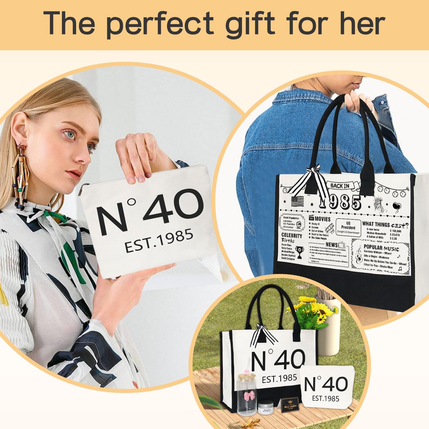 Zevulizen 40th 50th 60th Birthday Gifts for Women/Wife/Mom/Grandma/Sister/Friends/Aunt, 6Pcs (40th Bag Set 1985)
