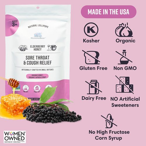 MommaBear Natural Sore Throat Care Lollipops - Organic Elderberry & Honey Kids Cough Relief | 10 Pack