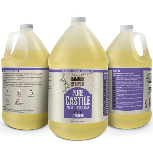 BAMBOO AND BIRCH Pure Castile Soap Liquid, Certified Palm Oil Free Natural Soap, Lavender, 64 oz